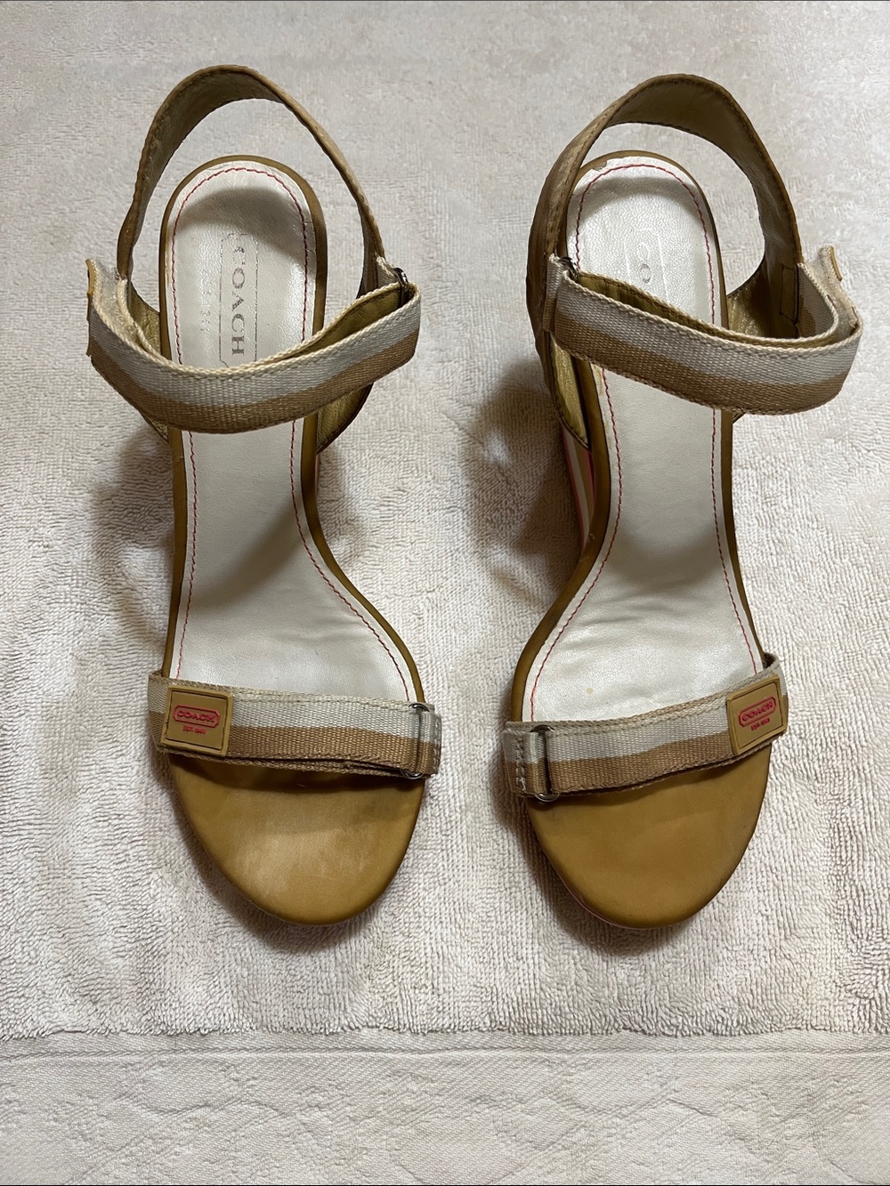 COACH MYLAR  Tan Leather Pink & White Wedge Heeled Slingback Sandals Sz9.5